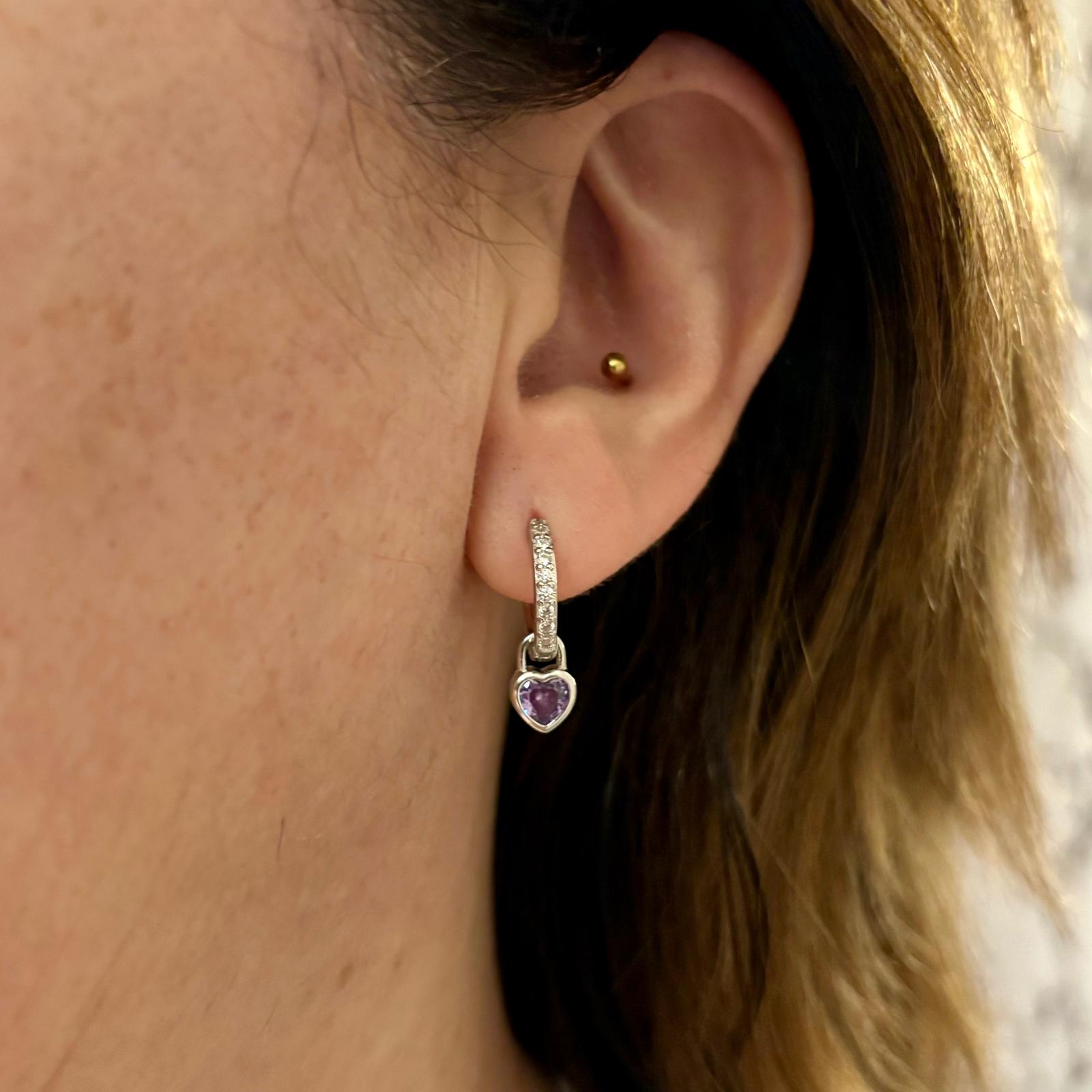 Pendientes aros con Circonitas de Plata de ley rodiada con corazón colgante circonita lila 3