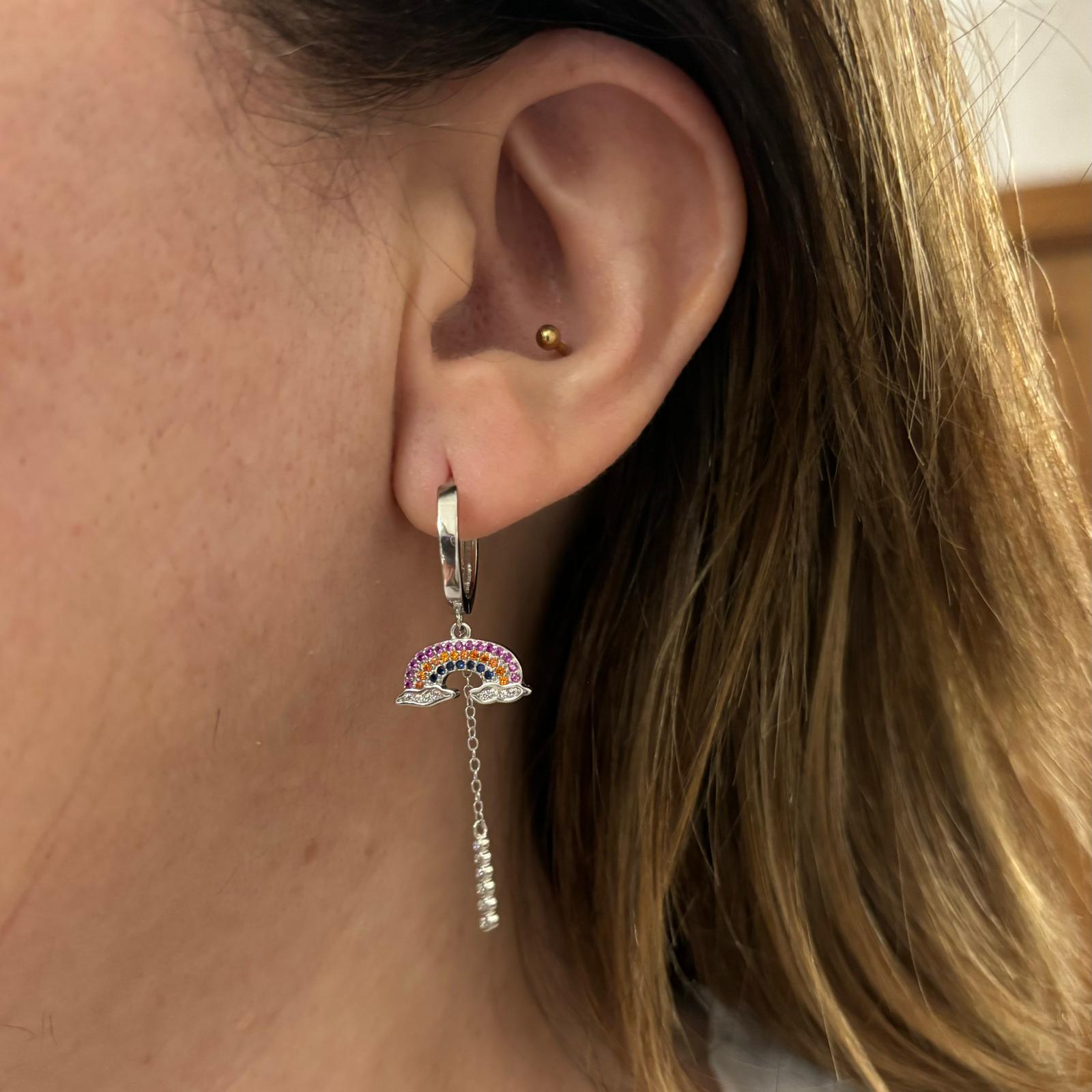 Pendientes aros de Plata con arcoíris y tira colgante de Circonitas 3