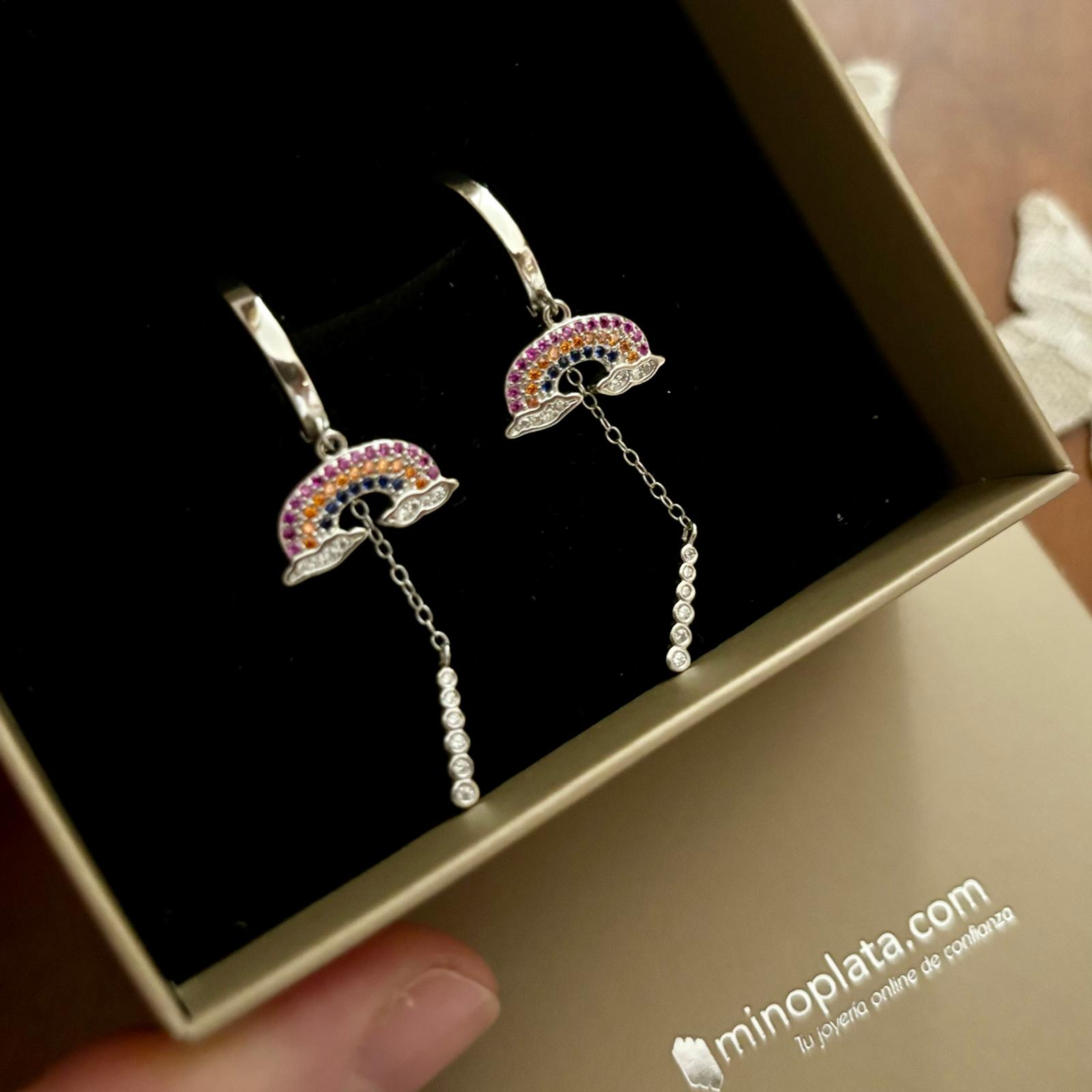 Pendientes aros de Plata con arcoíris y tira colgante de Circonitas 4