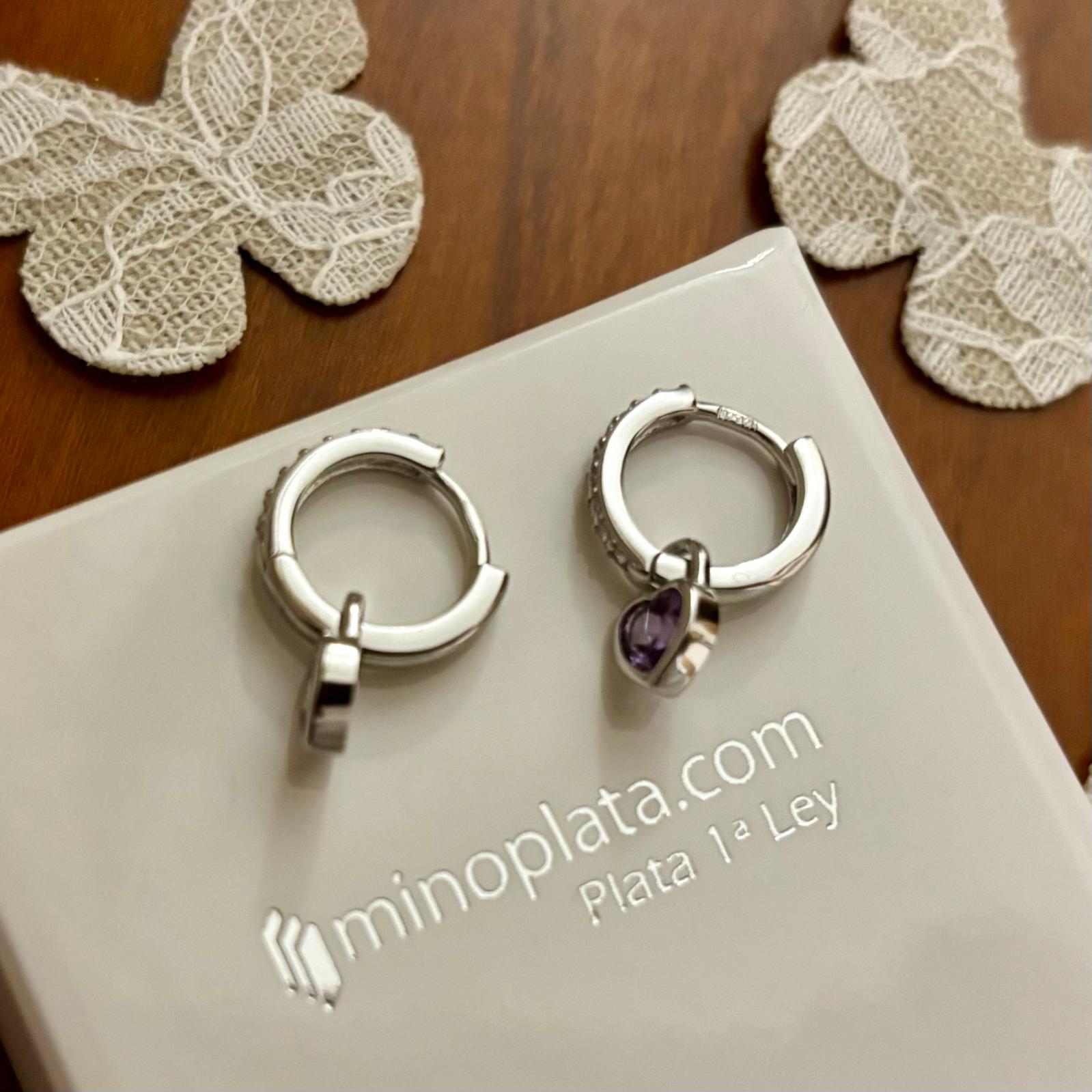 Pendientes aros con Circonitas de Plata de ley rodiada con corazón colgante circonita lila