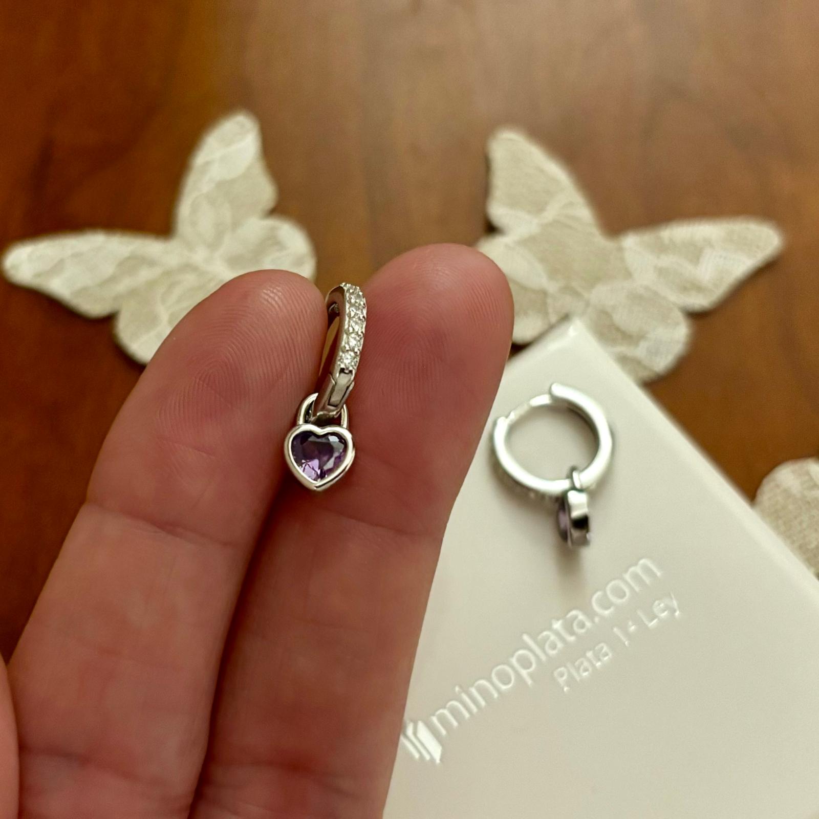 Pendientes aros con Circonitas de Plata de ley rodiada con corazón colgante circonita lila