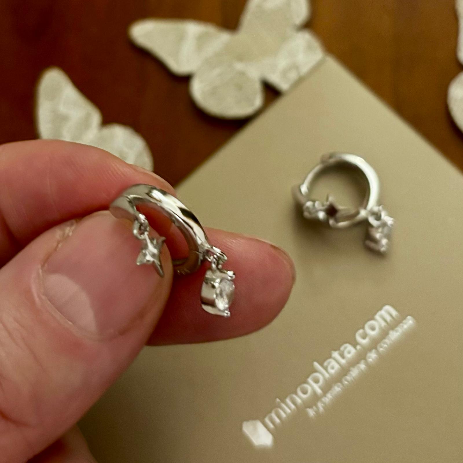 Pendientes aros dobles de Plata rodiada con estrella y punto de luz Circonita colgantes