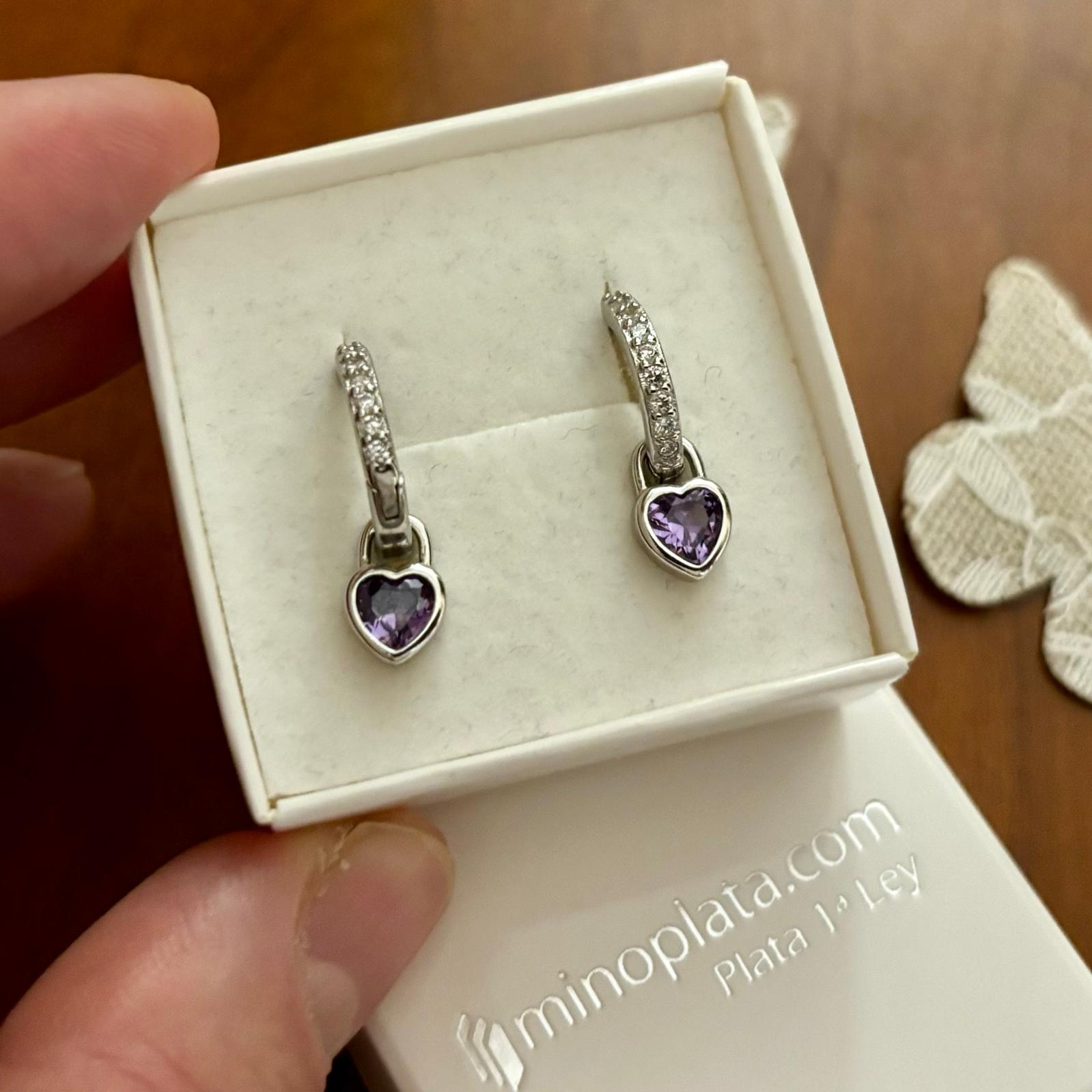 Pendientes aros con Circonitas de Plata de ley rodiada con corazón colgante circonita lila 4