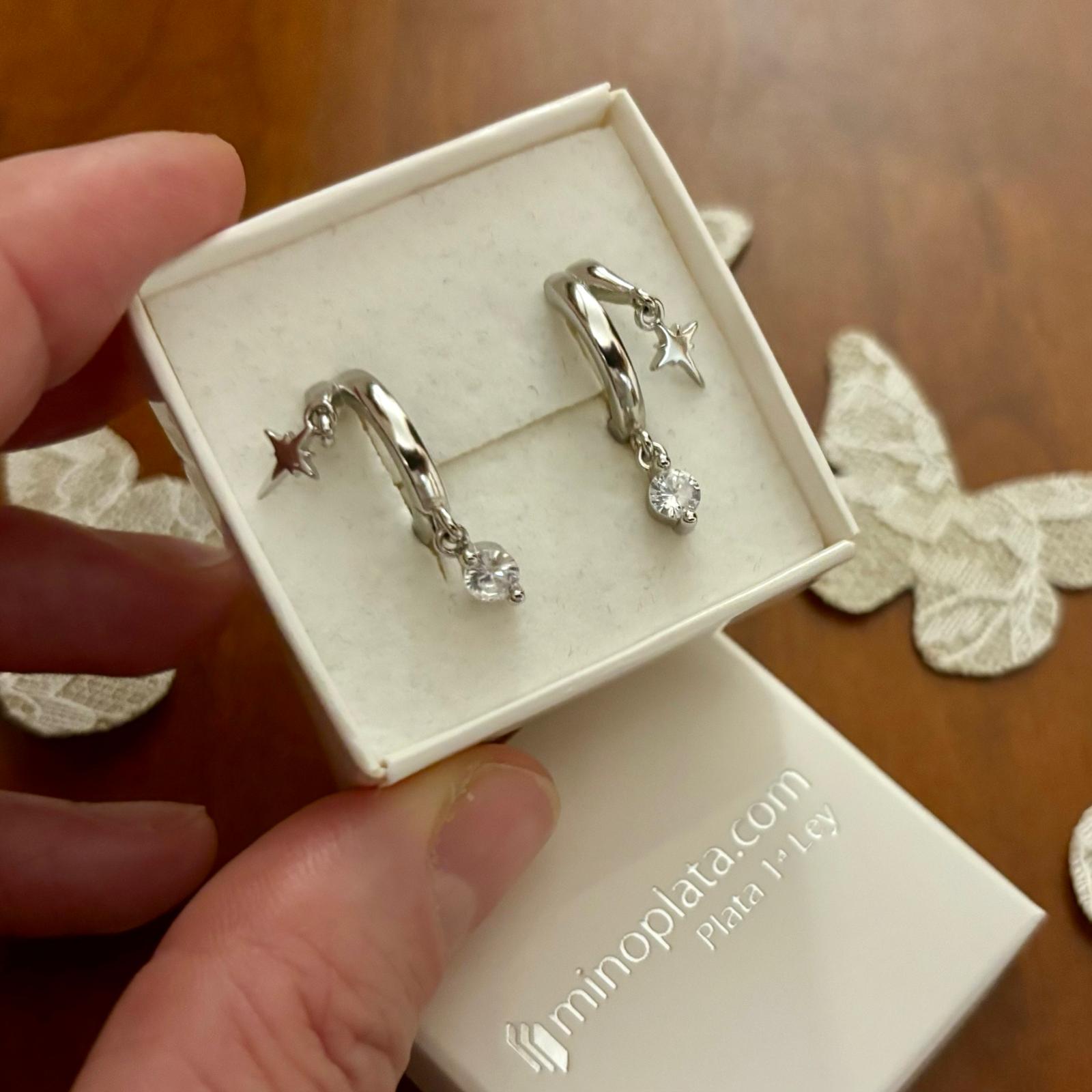 Pendientes aros dobles de Plata rodiada con estrella y punto de luz Circonita colgantes 3