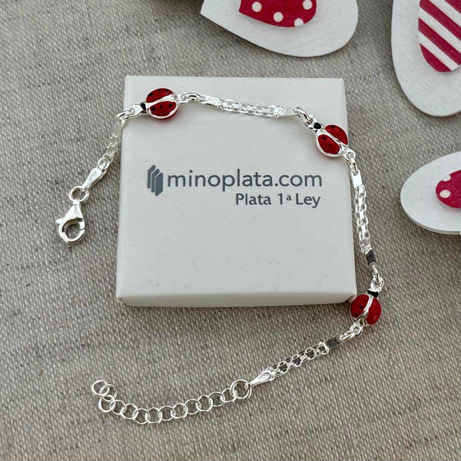 Pulsera infantil mariquitas rojas en Plata de ley 925