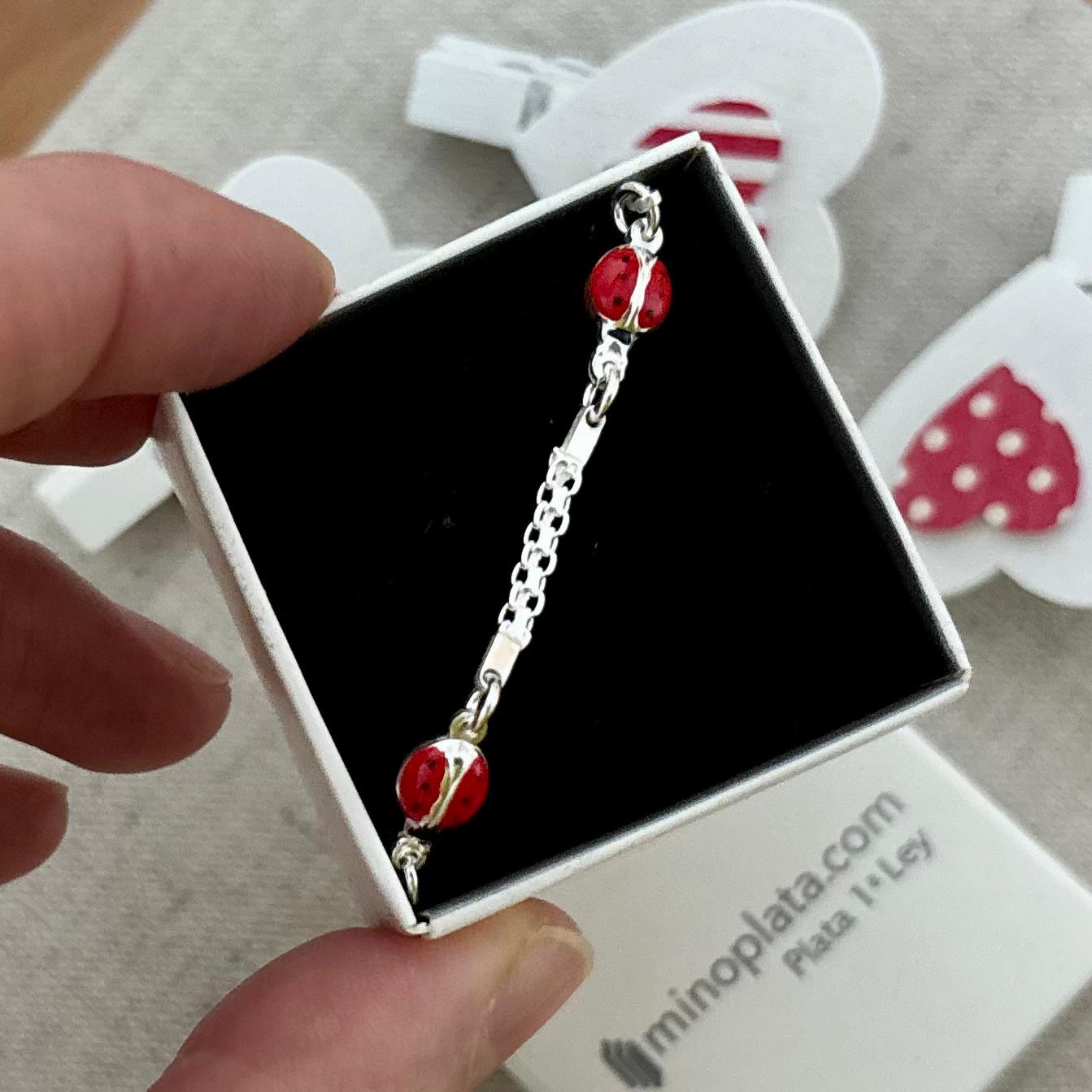 Pulsera infantil mariquitas rojas en Plata de ley 925 3