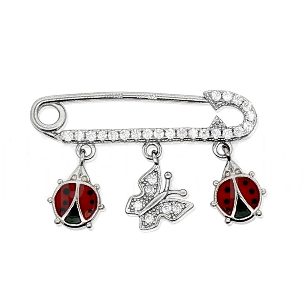 Imperdible de Plata y Circonitas con mariposa y mariquitas colgantes