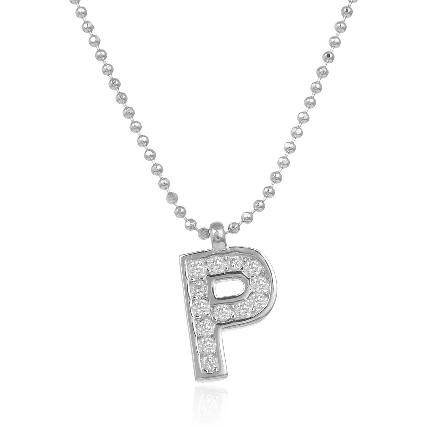 Gargantilla inicial P de Plata de ley rodiada con cadena de bolitas diamantadas