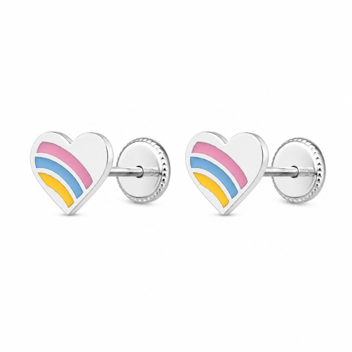 Pendientes infantiles corazón de Plata de ley 925 con esmalte tricolor y cierre rosca seguridad