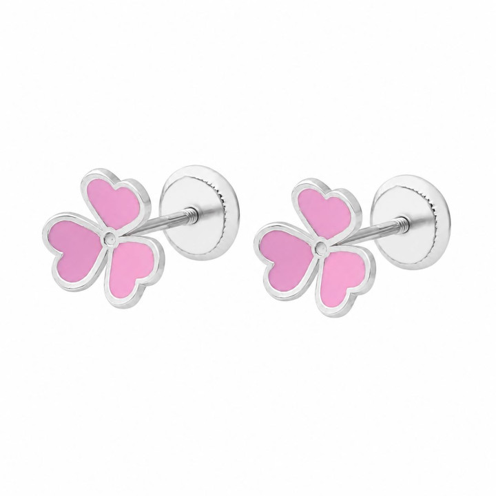 Pendientes infantiles tréboles de Plata y esmalte rosa con cierre rosca seguridad