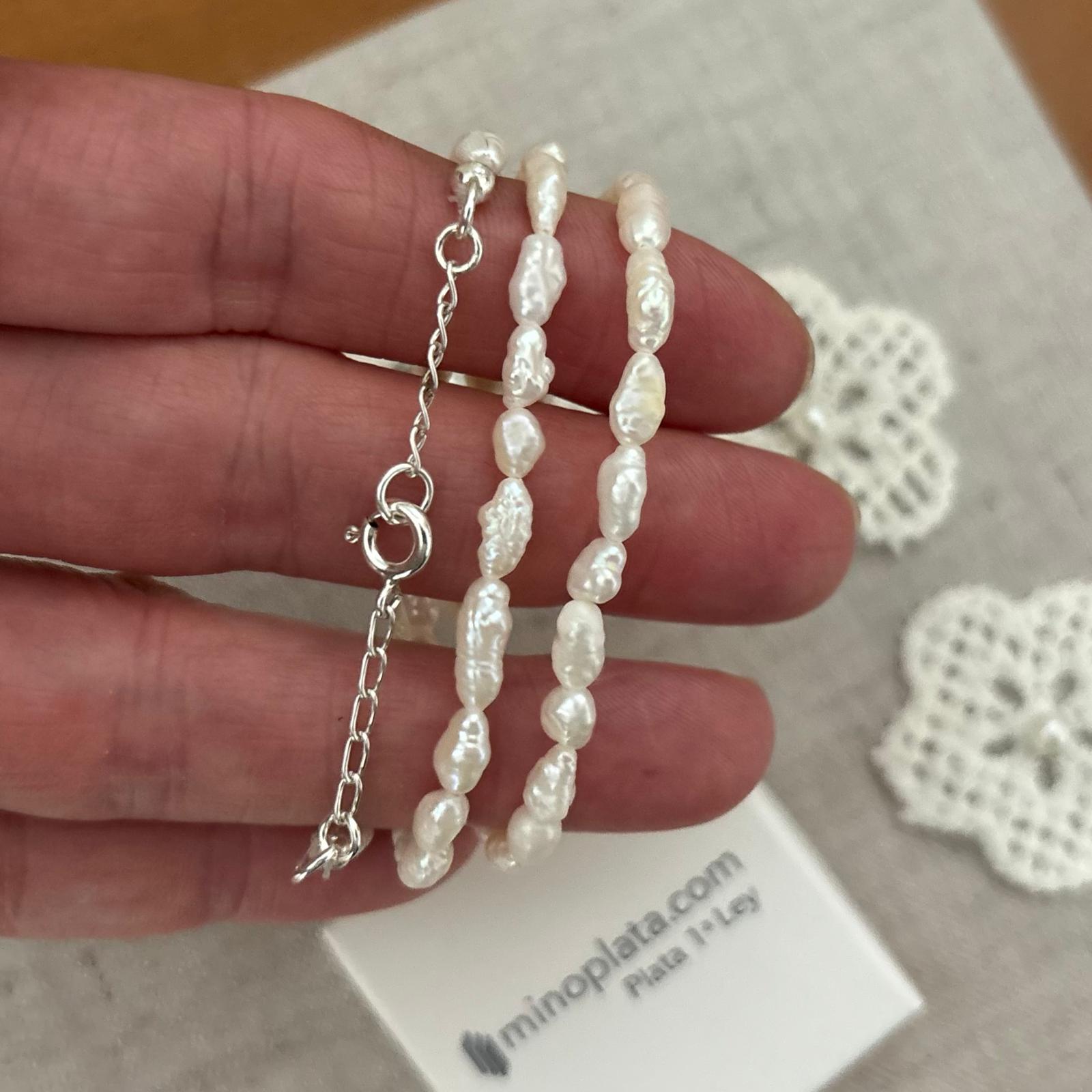 Collar Perlas cultivadas barrocas grano de arroz cierre de Plata de ley 925