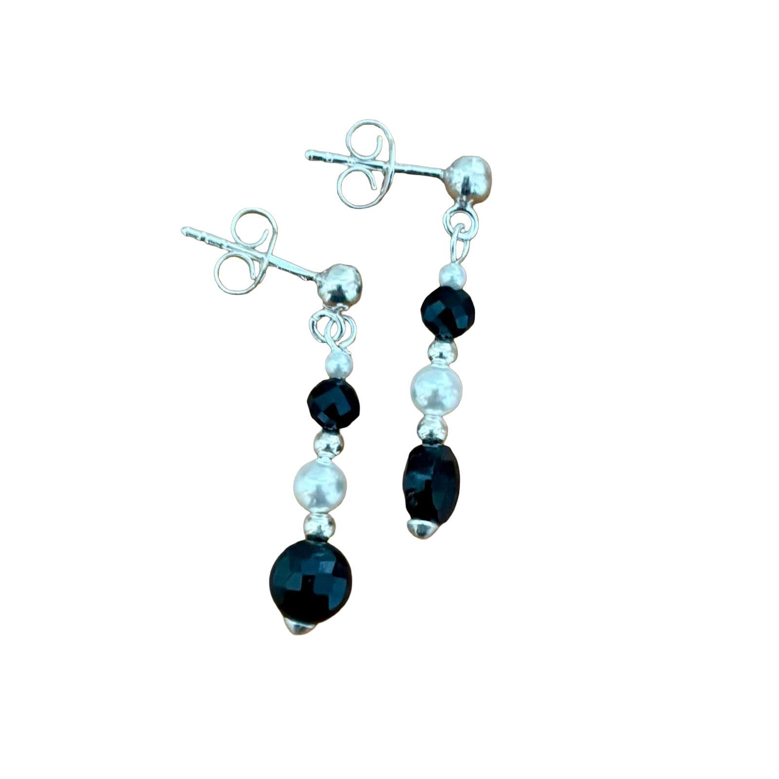 Pendientes de Plata con Perla cultivada y Piedras naturales negras