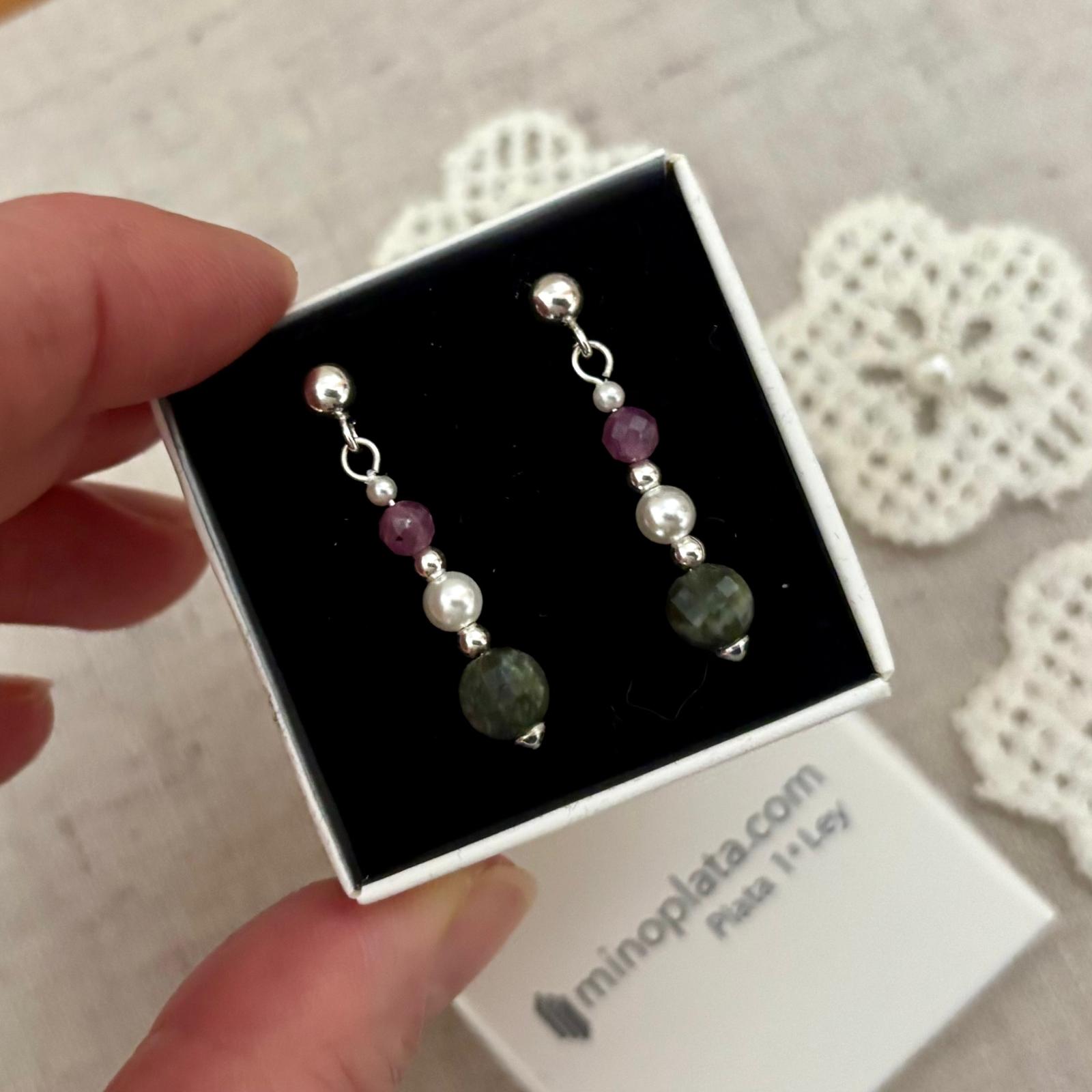 Pendientes de Plata con Perla y piedras turmalina 4