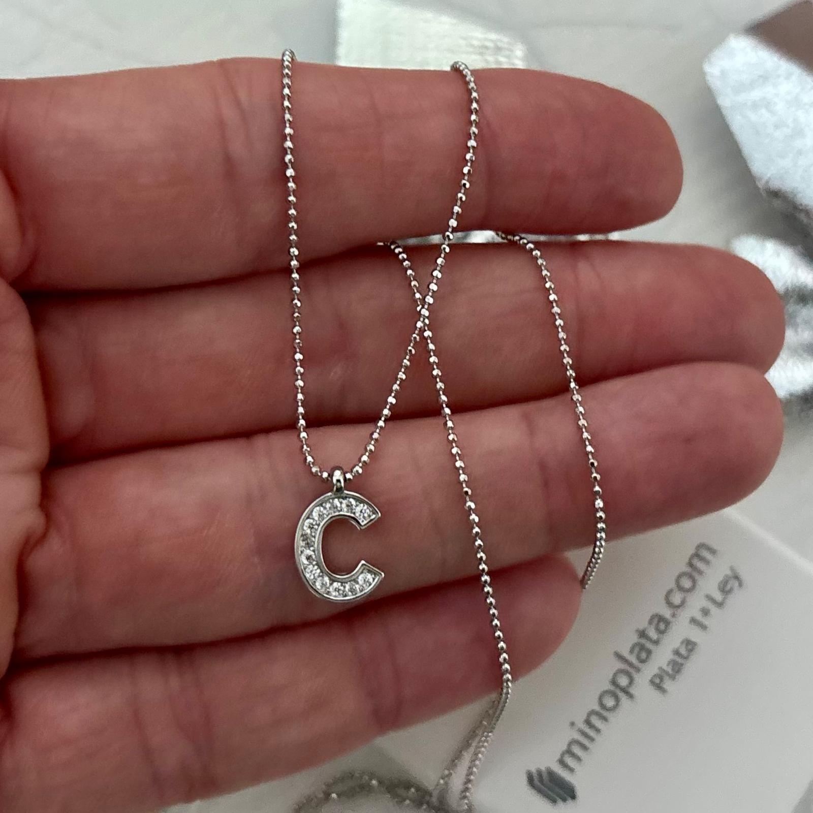 Gargantilla letra C de Plata de ley rodiada y Circonitas cadena de bolitas diamantadas