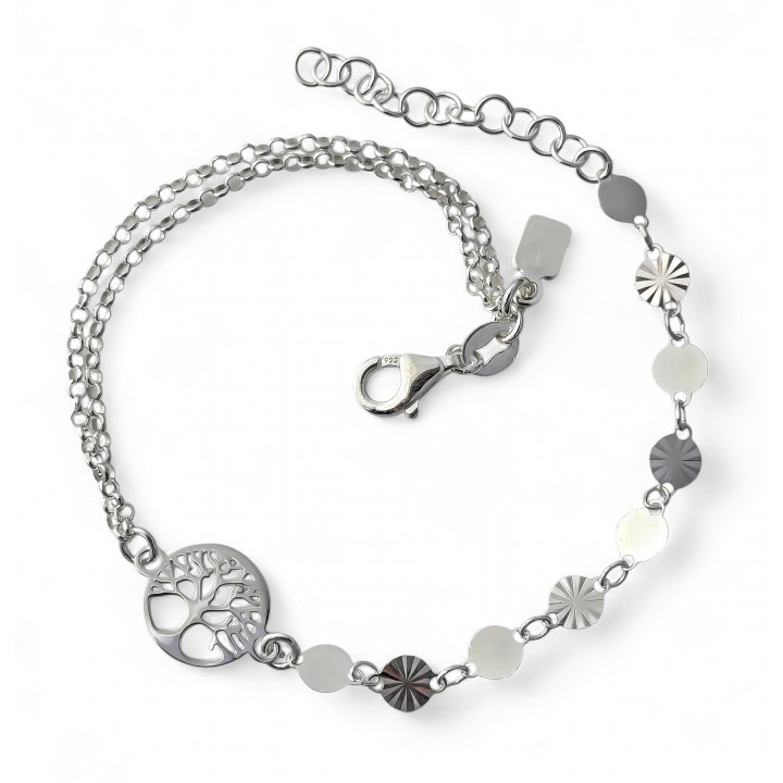 Pulsera Doble Cadena Plata de Ley 925 Árbol de la Vida y Chapitas