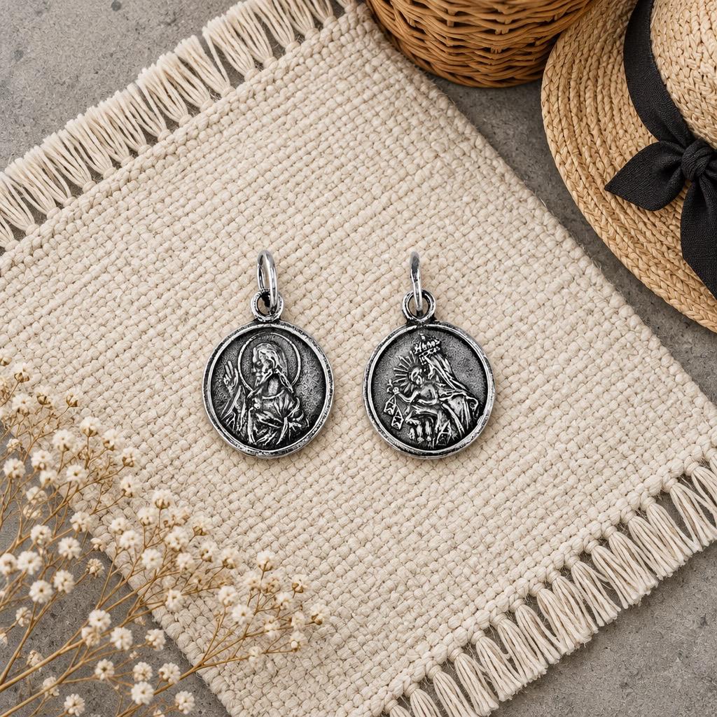 Escapulario 14mm de Plata de Ley 925 Virgen del Carmen y Sagrado Corazón de Jesús 5