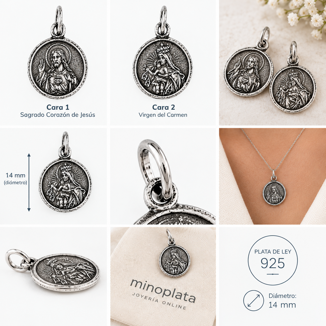 Escapulario 14mm de Plata de Ley 925 Virgen del Carmen y Sagrado Corazón de Jesús