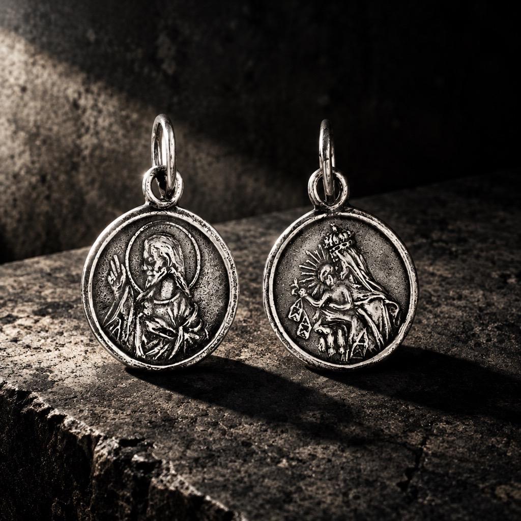 Escapulario 14mm de Plata de Ley 925 Virgen del Carmen y Sagrado Corazón de Jesús 4