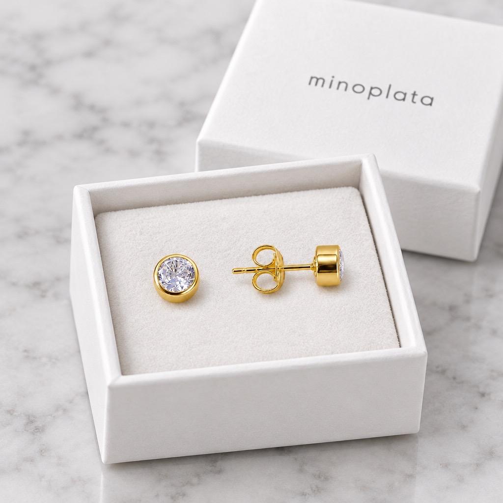 Pendientes Chatón 4 mm de Plata de Ley 925 Chapada en Oro con Circonita 5