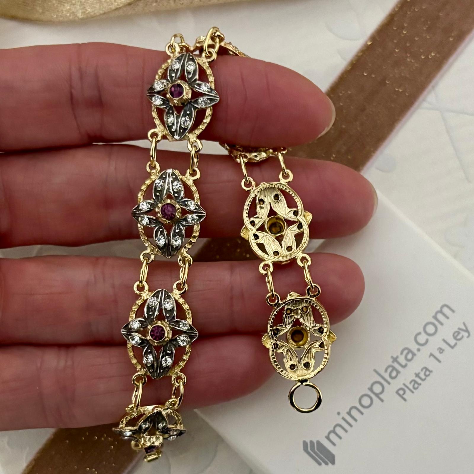 Pulsera isabelina filigrana de Plata vieja y Plata chapada en Oro con Circonitas