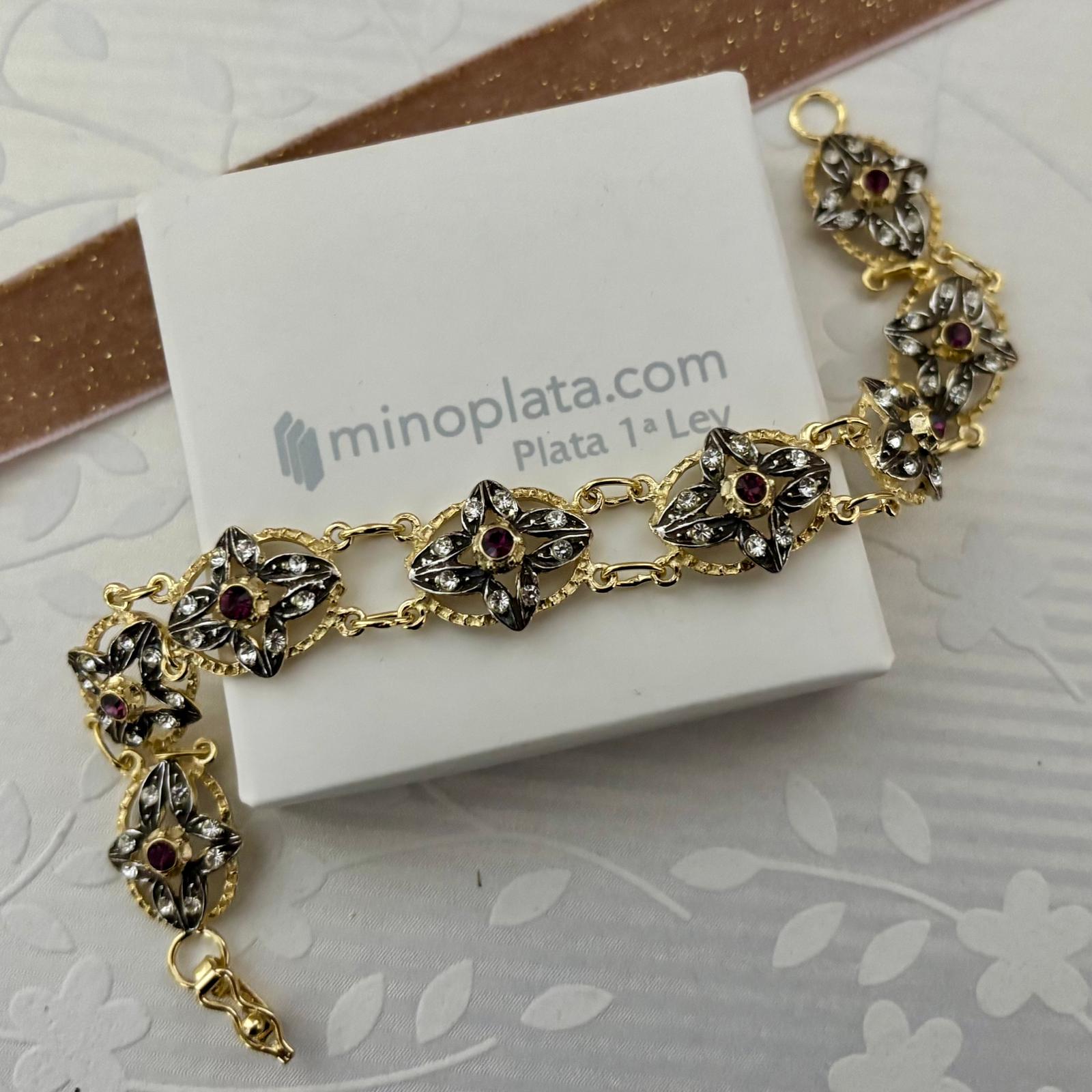 Pulsera isabelina filigrana de Plata vieja y Plata chapada en Oro con Circonitas 4