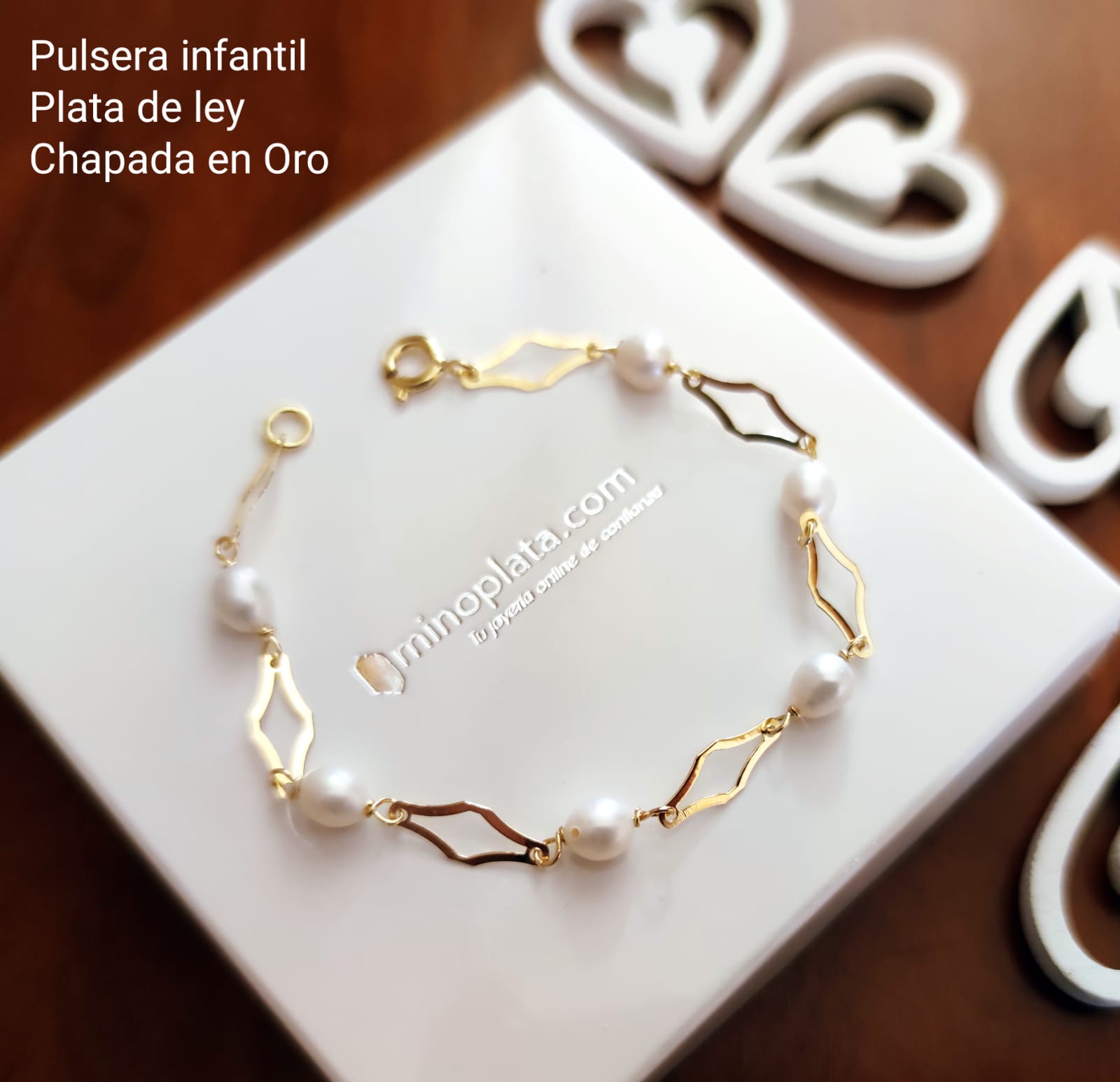 Pulsera niña Perlas entrepiezas de Plata de ley dorada