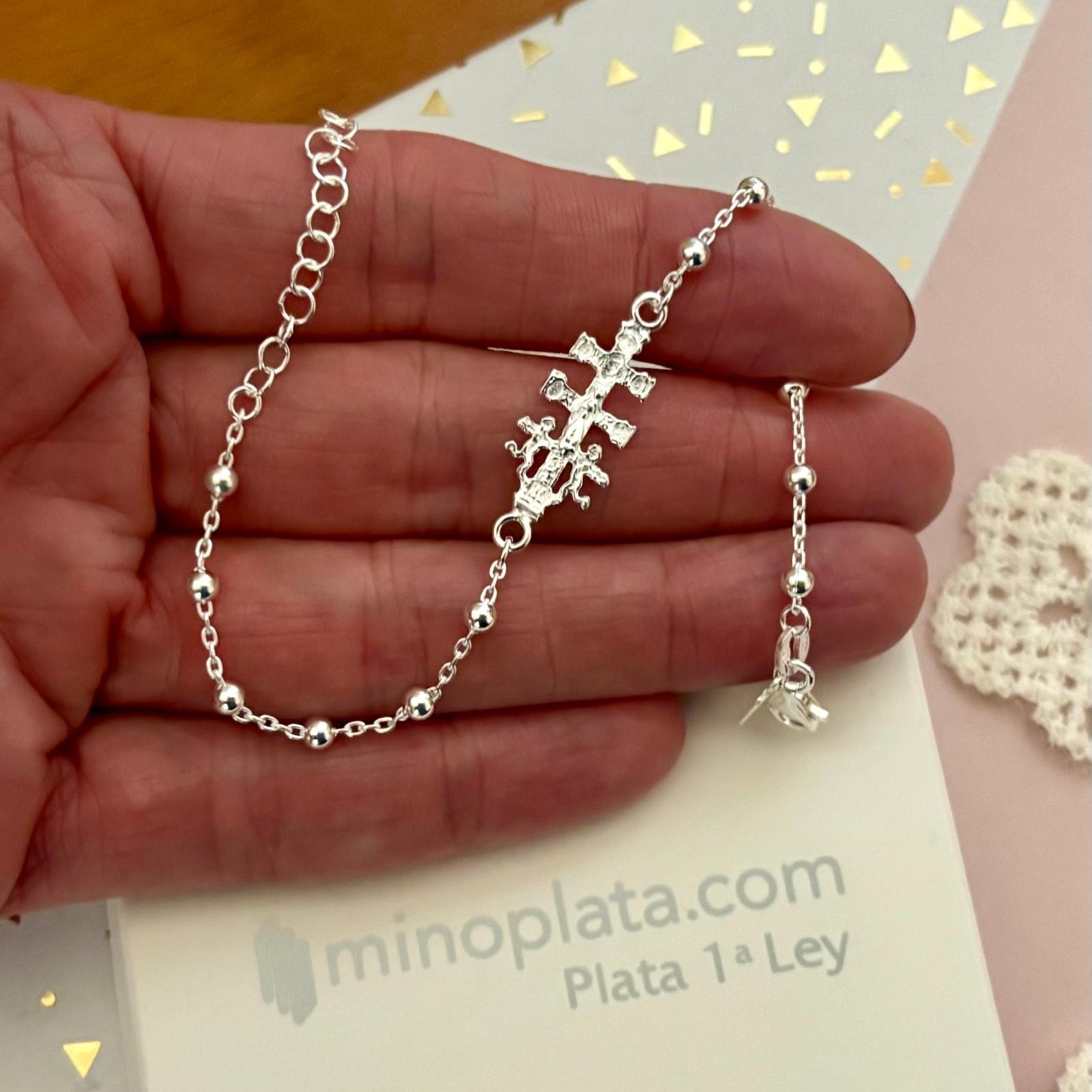 Pulsera bolitas Cruz de Caravaca de Plata de ley 925 2