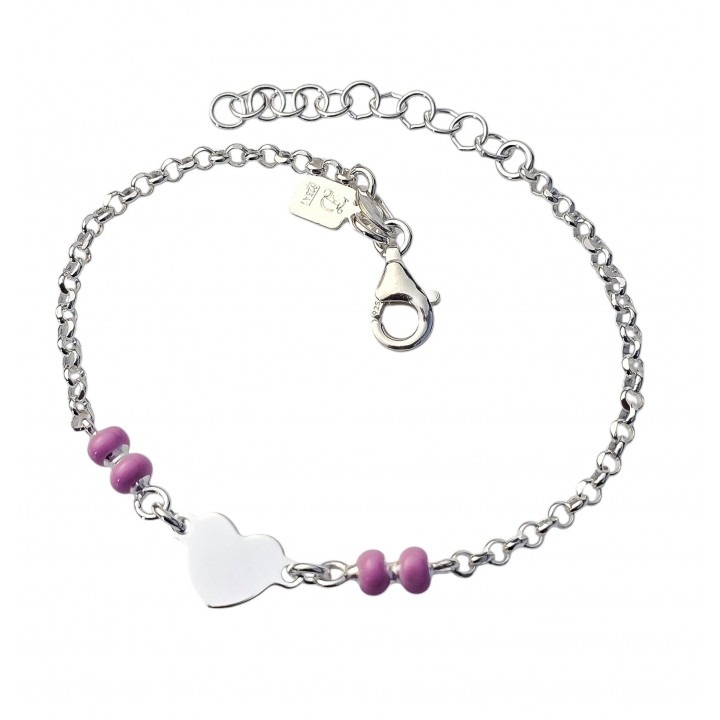 Pulsera infantil corazón de Plata de ley 925 con bolitas rosas