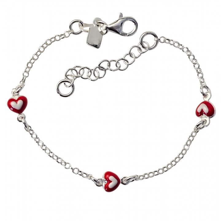 Pulsera infantil corazones rojos de Plata de ley 925