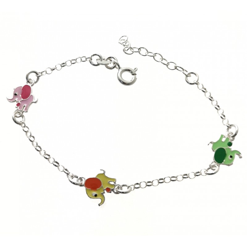 Pulsera infantiil de Plata de ley con elefantes de colores