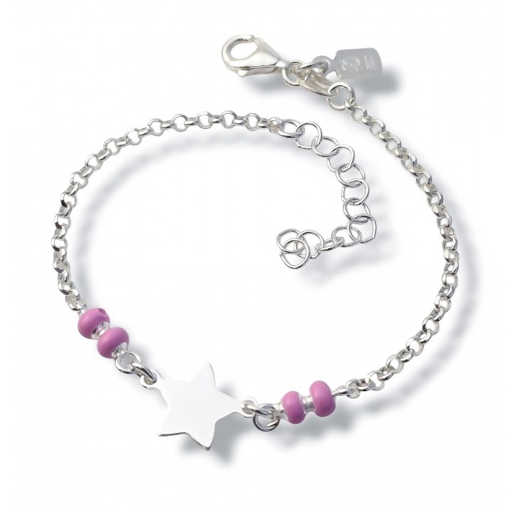 Pulsera infantil estrella de Plata de ley 925 con bolitas rosas