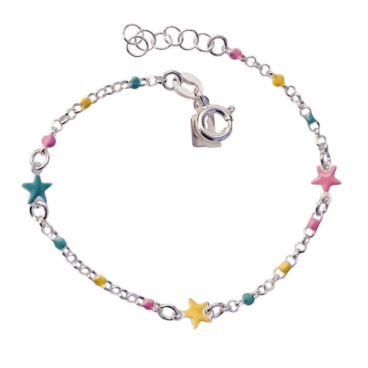 Pulsera infantil estrellas y bolitas de colores en Plata de ley 925