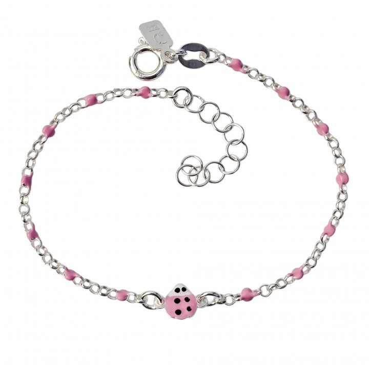 Pulsera infantil mariquita y bolitas rosas en Plata de ley 925