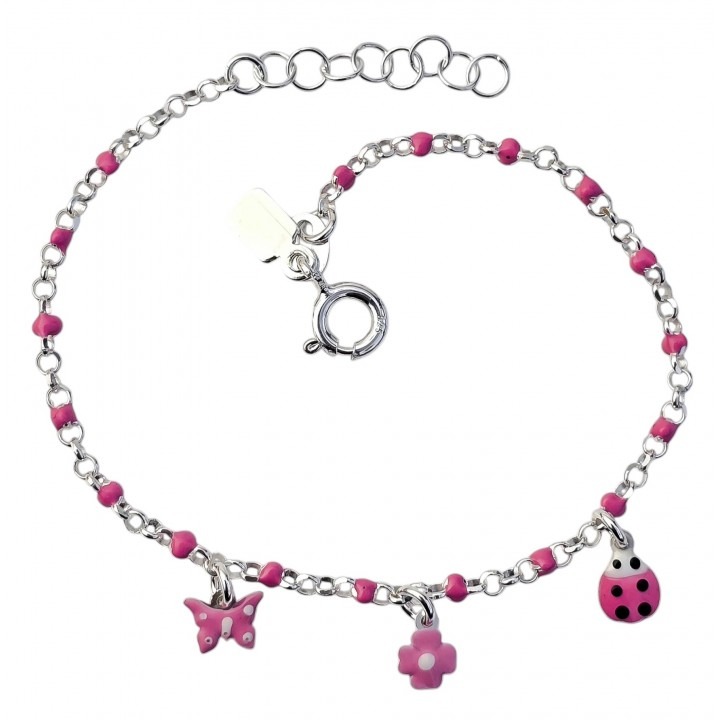 Pulsera infantil mariquita con flor y mariposa colgante rosa de Plata de ley 925