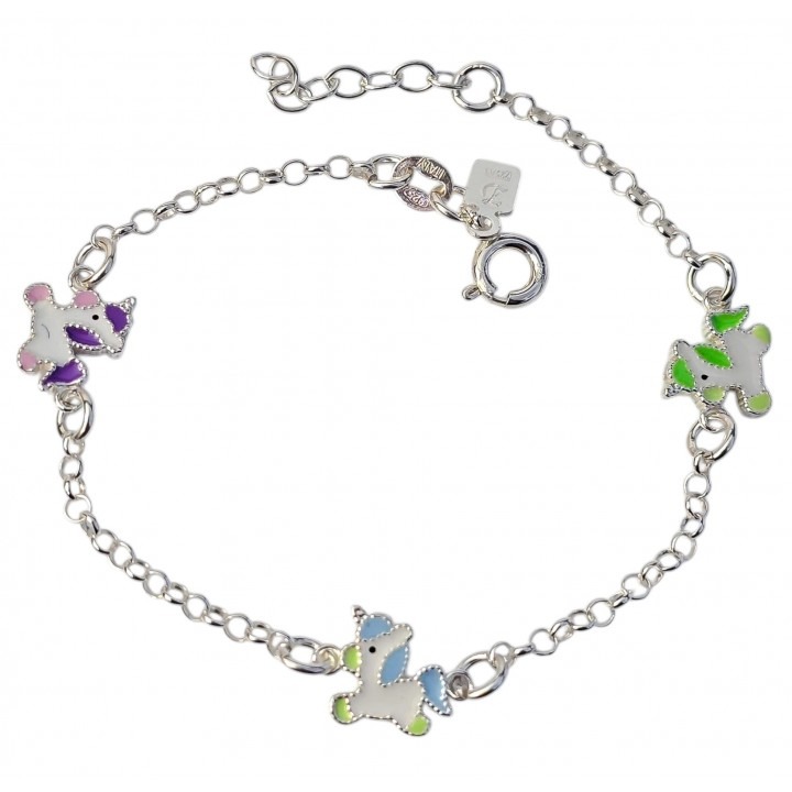 Pulsera infantil unicornios de colores en Plata de ley 925