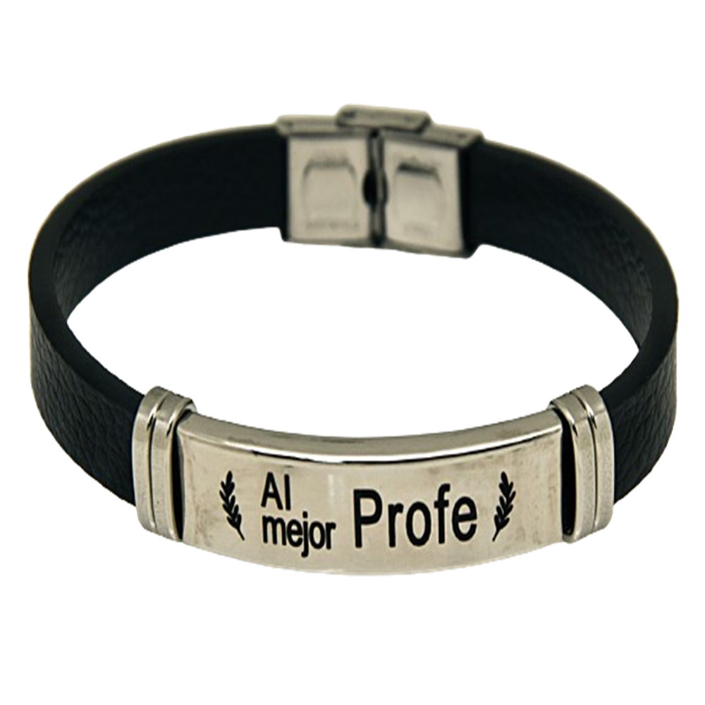 Pulsera de Acero y Cuero negro Al mejor Profe