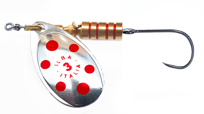 CUCHARILLA ILBA TONDO PLATA PUNTOS ROJOS N°2 5 GR (1 ANZUELO SIN MUERTE)