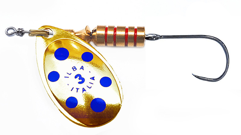 CUCHARILLA ILBA TONDO ORO PUNTOS AZULES N°0 2 GR (1 ANZUELO SIN MUERTE)