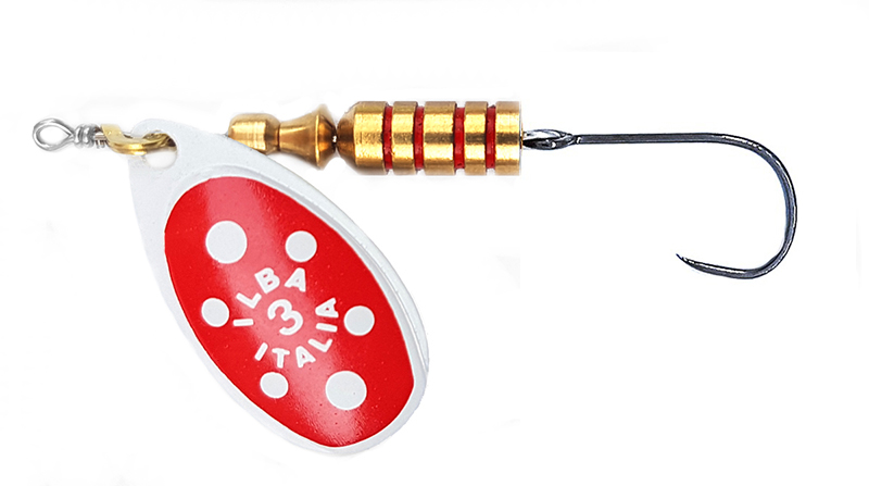 CUCHARILLA ILBA TONDO BOLT ROJO BLANCO N°3 7 GR (1 ANZUELO SIN MUERTE)