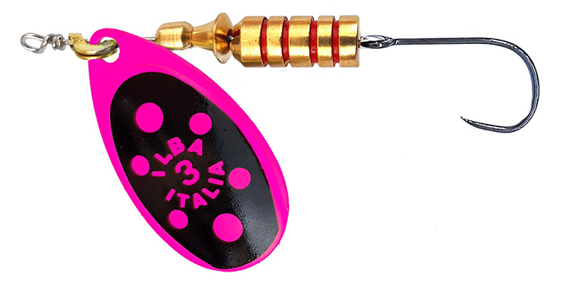 CUCHARILLA ILBA TONDO BOLT NEGRA ROSA FLUOR N°1 3 GR (1 ANZUELO SIN MUERTE) 2