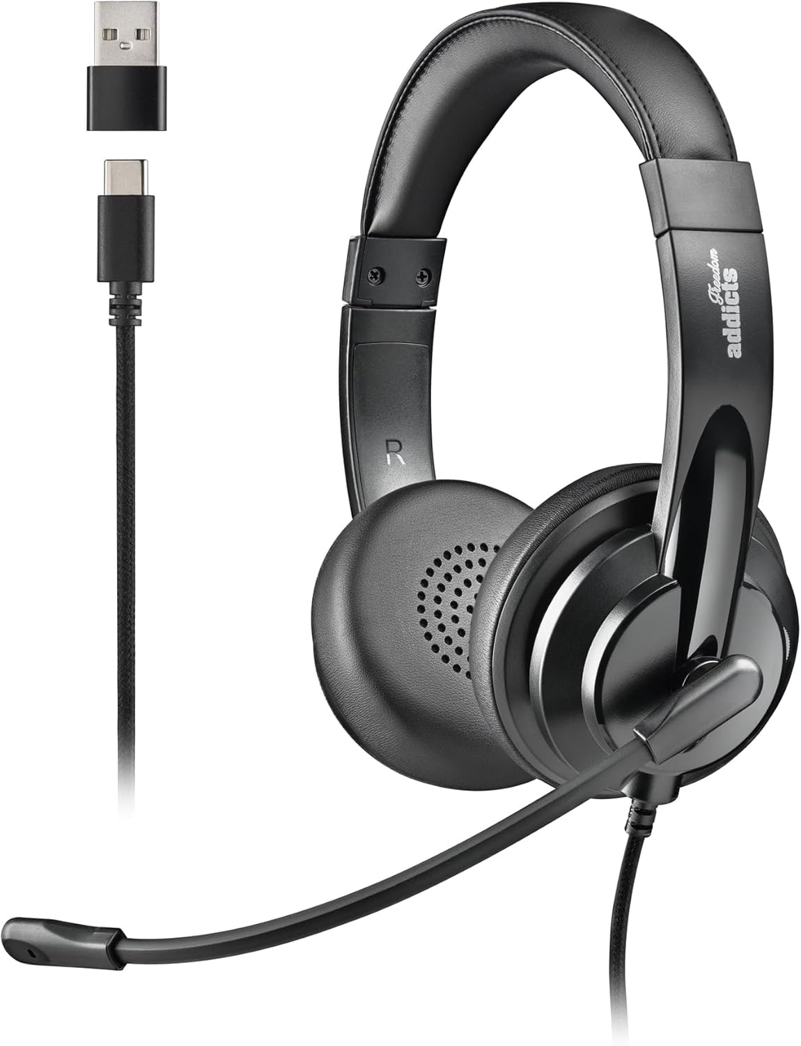 AURICULARES ESTEREO CON MICROFONO FLEXIBLE USB-C, ADAPTADOR USB-A, CANCELACION DE RUIDO, CONTROL VOLUMEN, DIADEMA REFORZADA, PLUG AND PLAY, PC Y PORTA