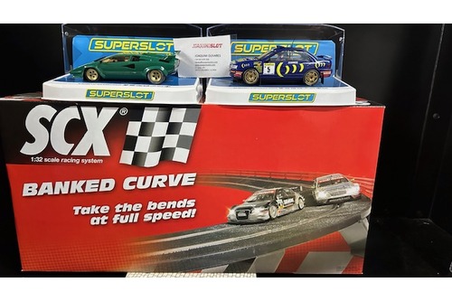 pack scalextric curva peraltada + 2 coches lamborghini +subaru