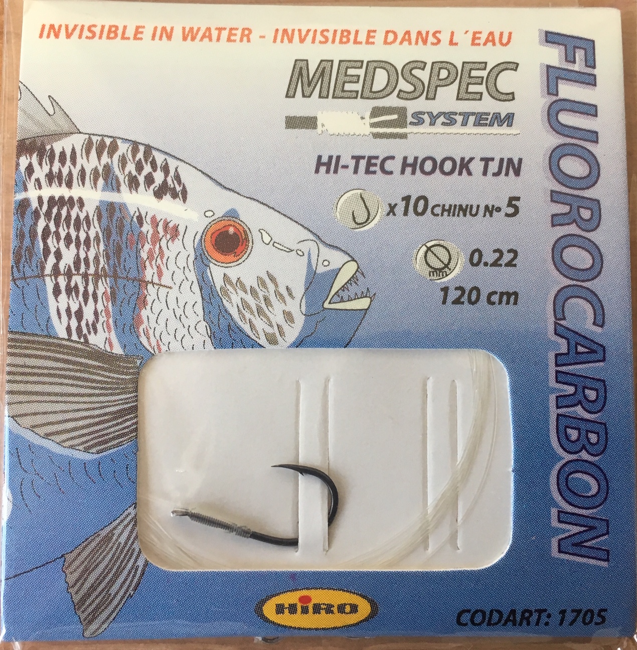 ANZUELO MONTADO FLUOROCARBON HIRO Nº 5 0.22mm 120cm (10 unidades)