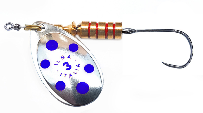 CUCHARILLA ILBA TONDO PLATA PUNTOS AZULES N°1 3 GR (1 ANZUELO SIN MUERTE)