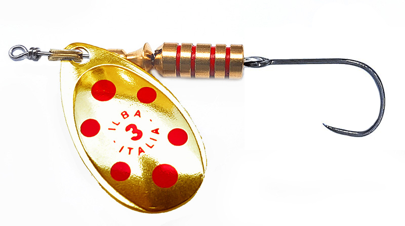 CUCHARILLA ILBA TONDO ORO PUNTOS ROJOS N°3 7 GR (1 ANZUELO SIN MUERTE)
