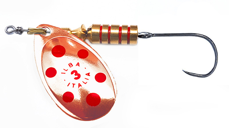 CUCHARILLA ILBA TONDO COBRE PUNTOS ROJOS N°0 2 GR (1 ANZUELO SIN MUERTE)