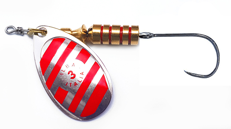 CUCHARILLA ILBA TONDO ZEBRA PLATA-ROJO N°3 7 GR (1 ANZUELO SIN MUERTE)