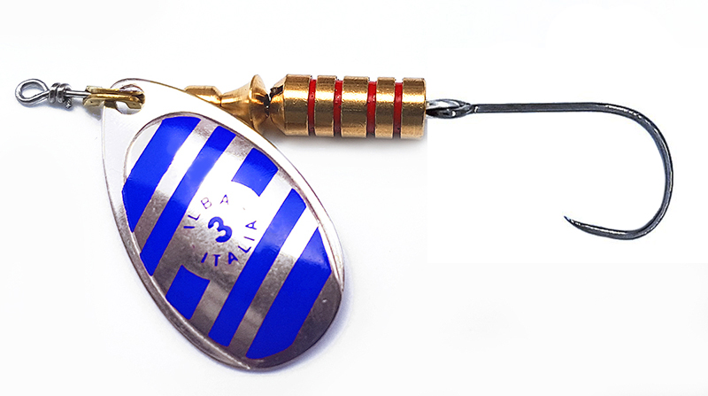 CUCHARILLA ILBA TONDO ZEBRA PLATA-AZUL N°2 5 GR (1 ANZUELO SIN MUERTE)