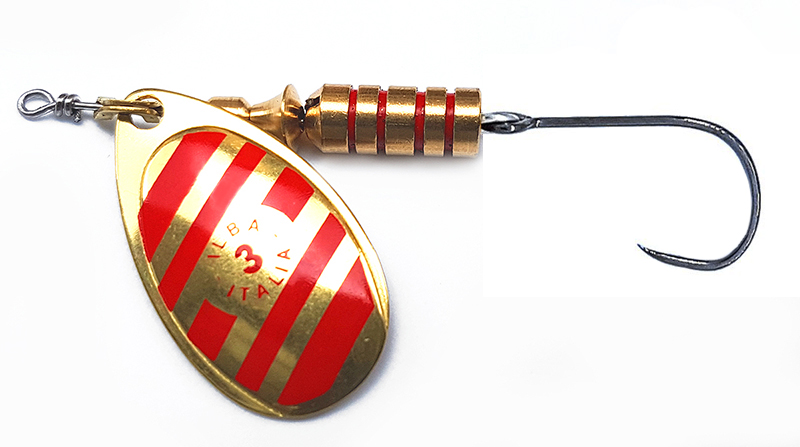 CUCHARILLA ILBA TONDO ZEBRA ORO-ROJO N°0 2 GR (1 ANZUELO SIN MUERTE)