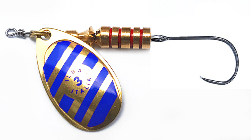CUCHARILLA ILBA TONDO ZEBRA ORO-AZUL N°0 2 GR (1 ANZUELO SIN MUERTE)
